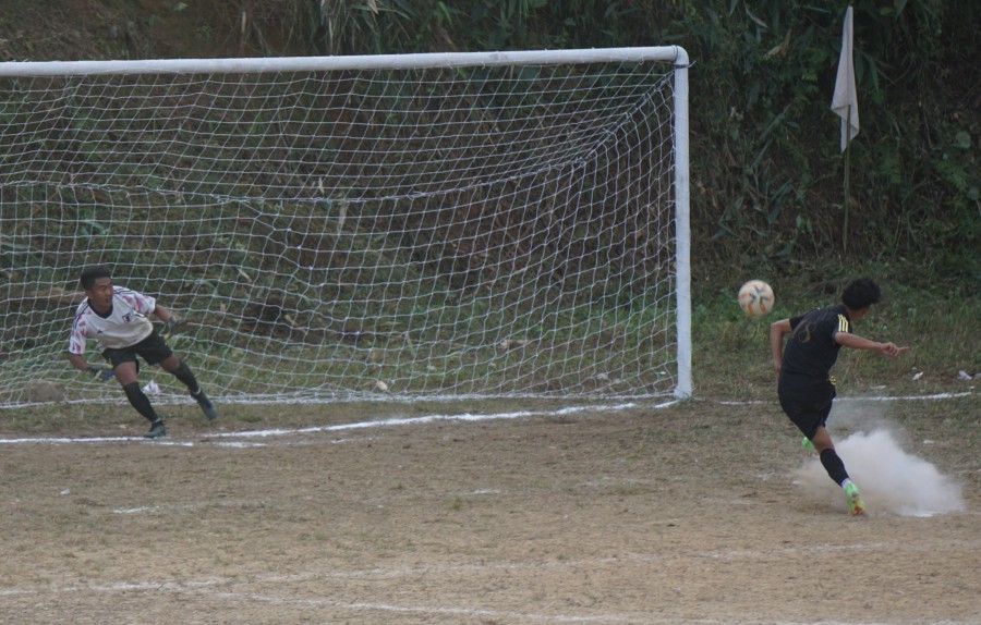 Rongsenkaba of Salaksalaker driving the ball into the net during the penalty shootout of the 1st quarter final match against Rebels FC, in Longjang, Mokokchung on Tuesday.